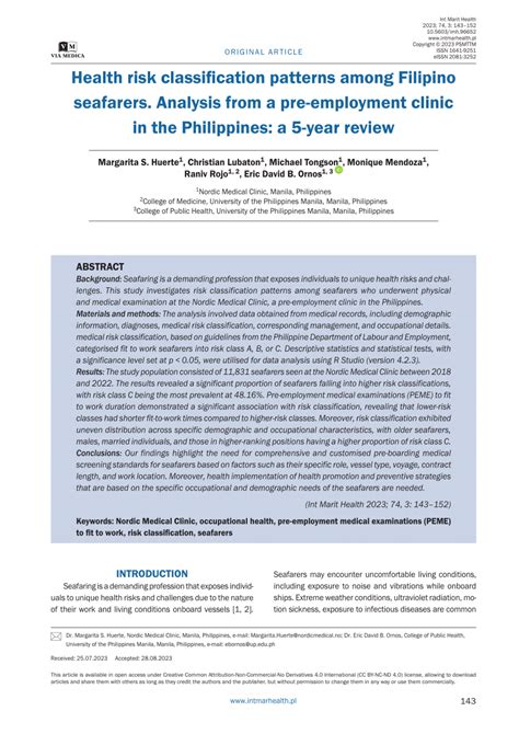 class c fit to work|Health risk classification patterns among Filipino seafarers..